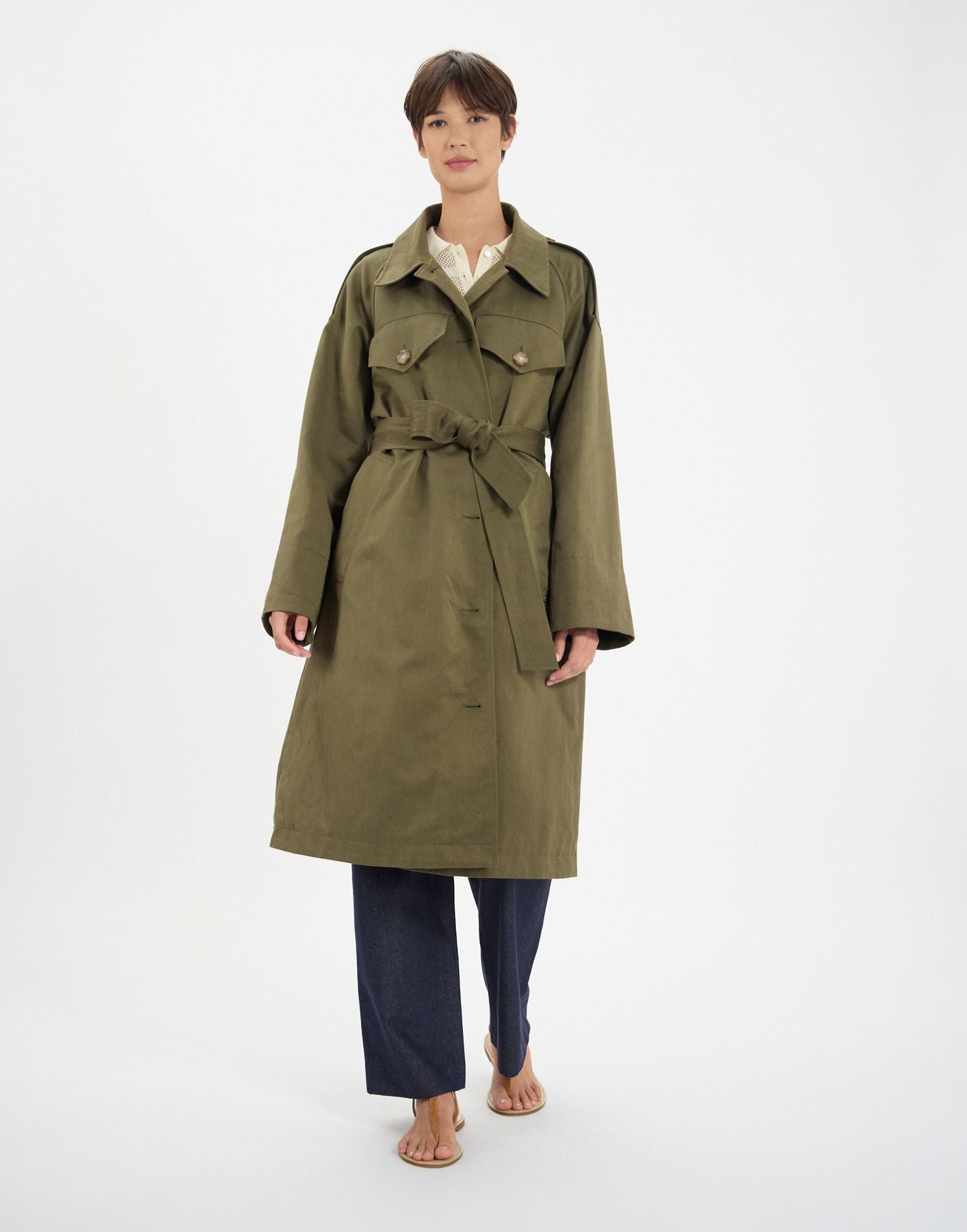 Vera trench coat in khaki cotton and linen