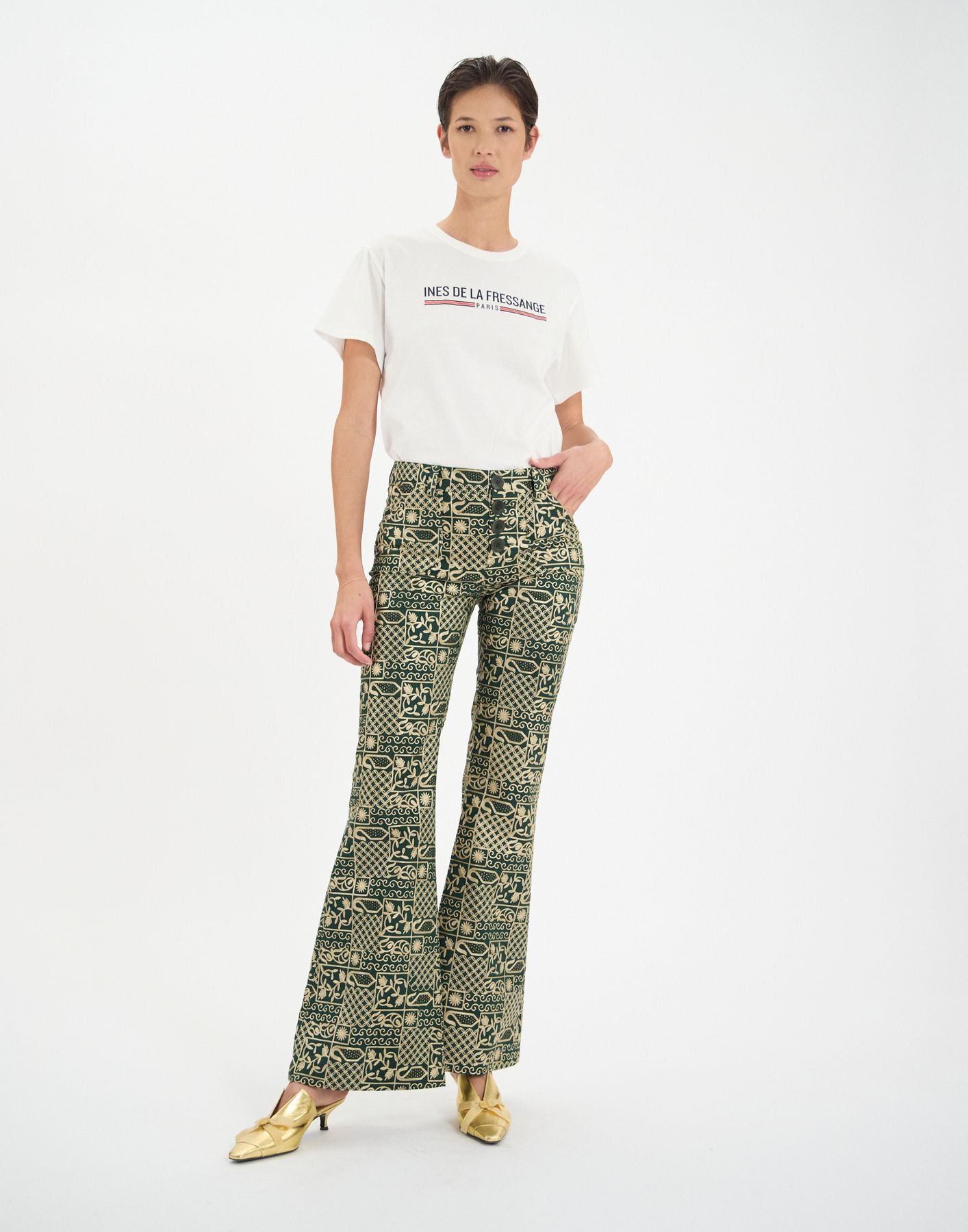 Charlotte trousers in green embroidered cotton