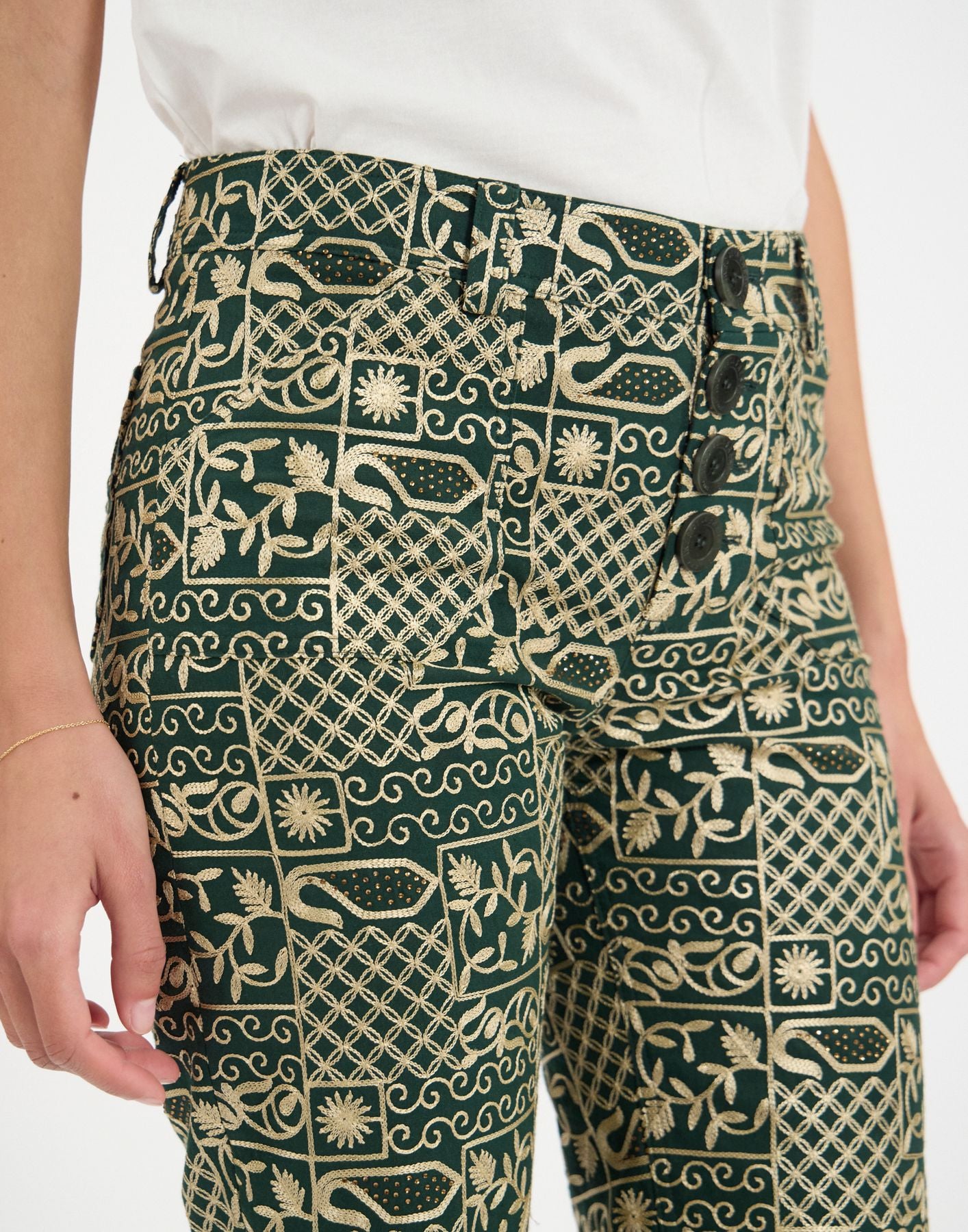 Charlotte trousers in green embroidered cotton