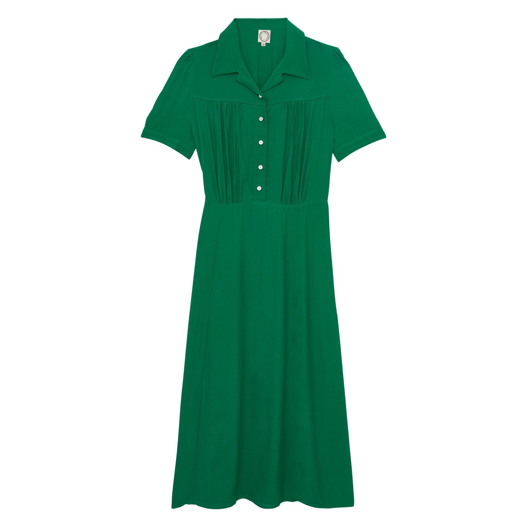 Angèle green dress with oak leaf motif