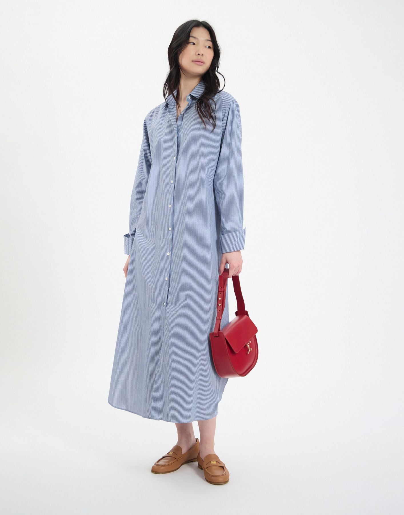 Douglas dress in blue cotton with fine stripes