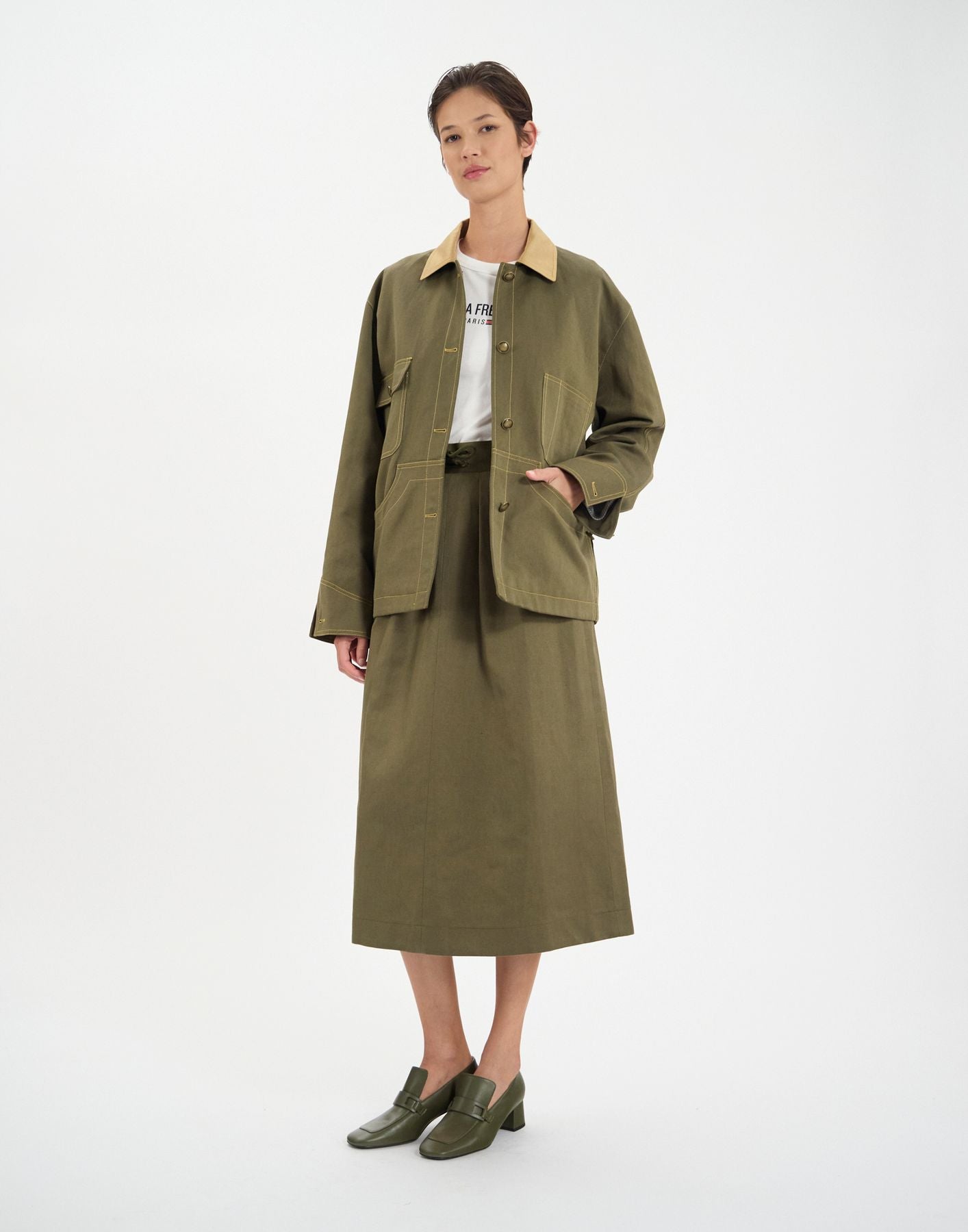 Melchior work jacket in khaki linen and cotton