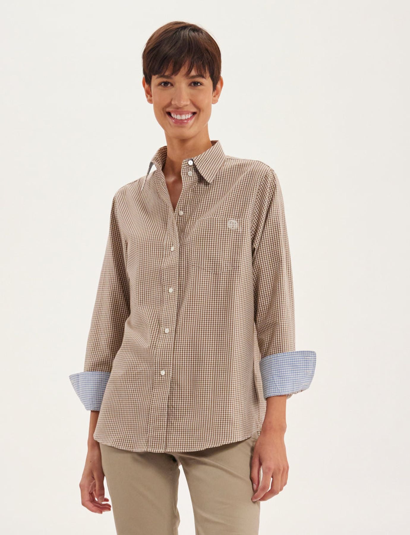 Maureen brown and ecru shirt, contrasting lapels