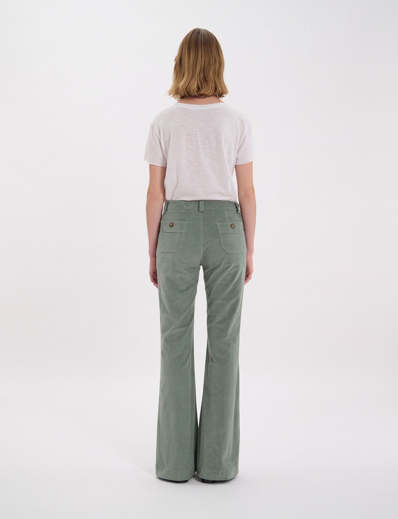 Charlotte pants in almond green smooth velvet