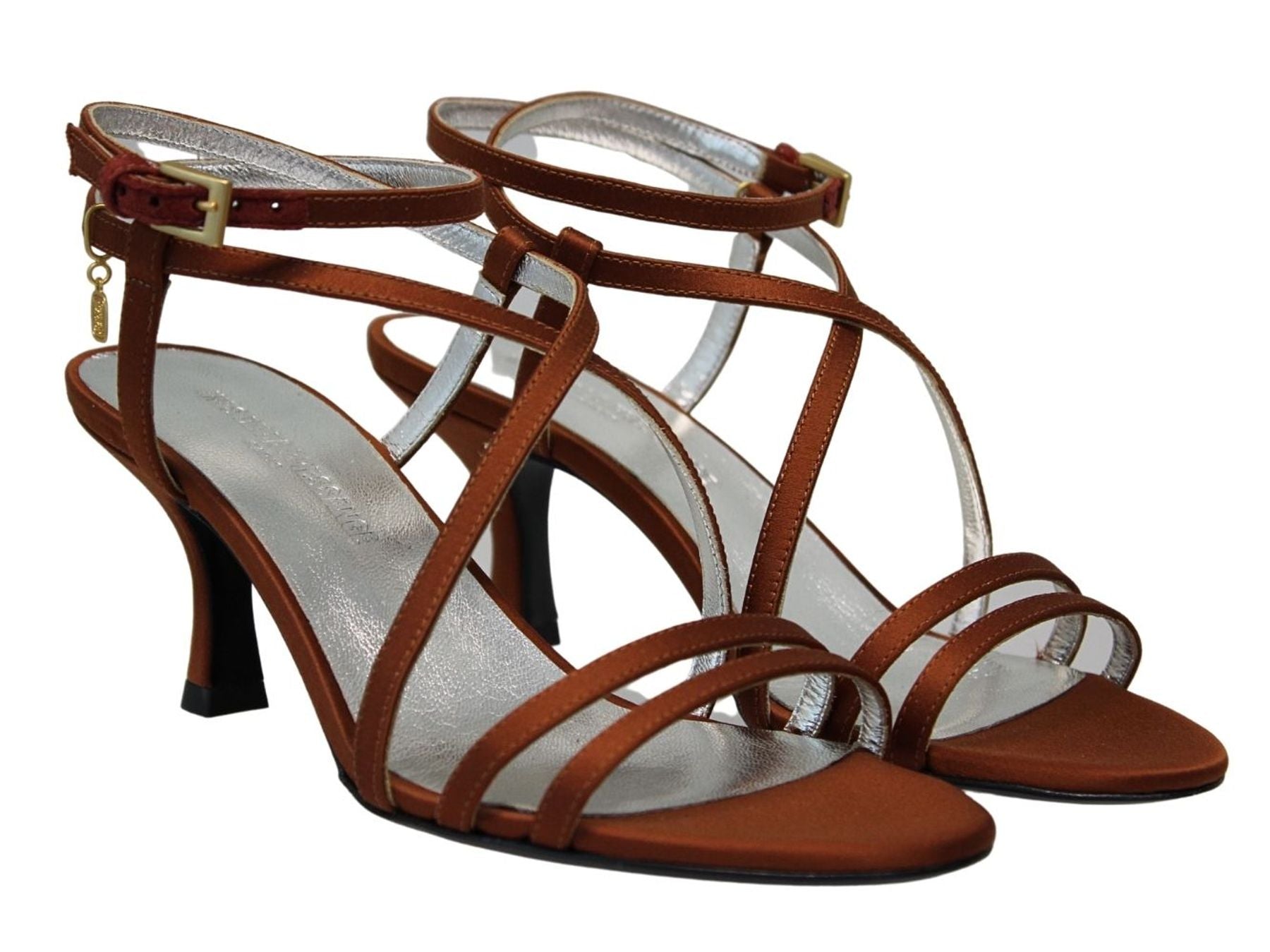 Heeled sandals, tobacco satin straps