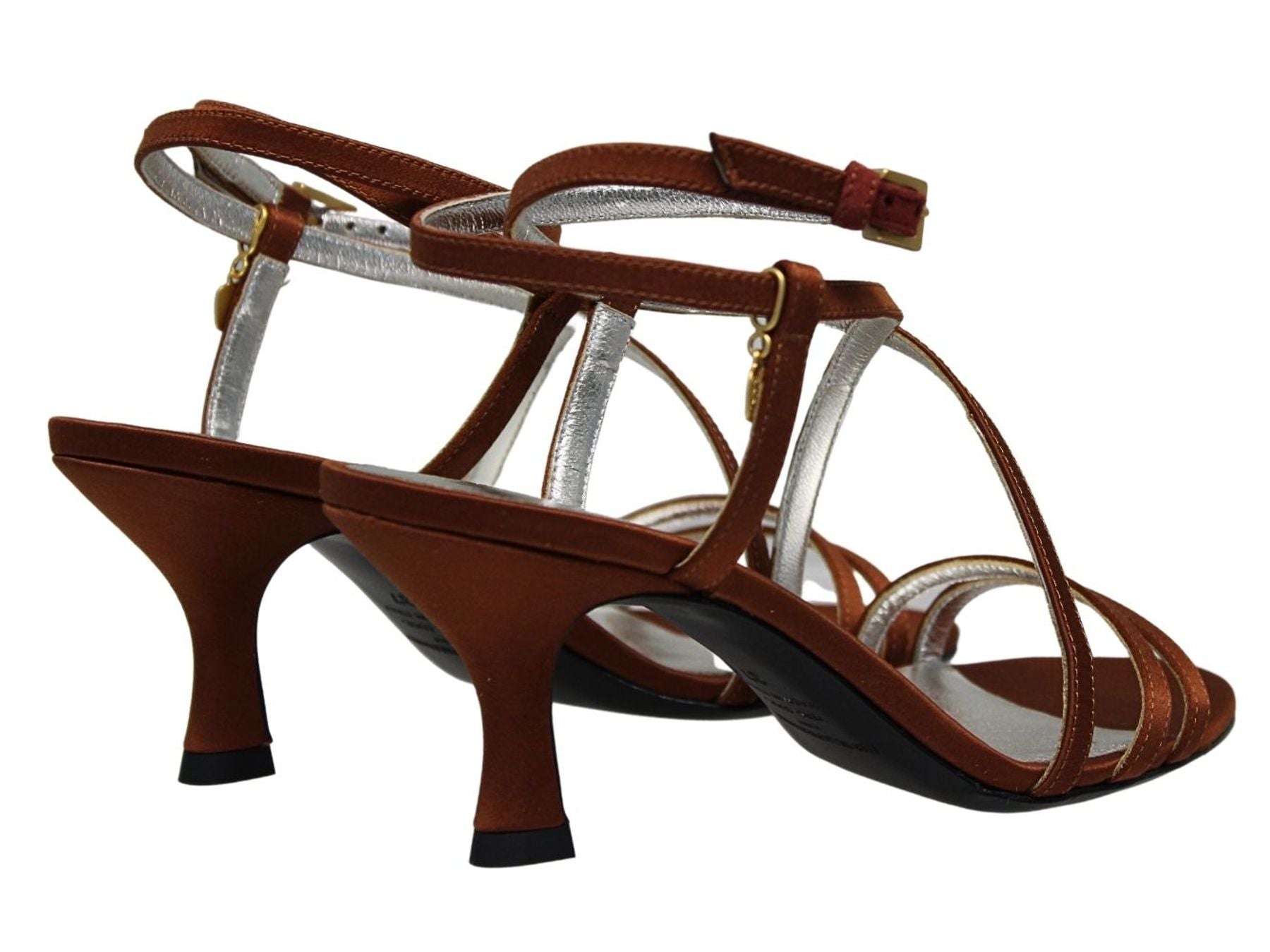 Heeled sandals, tobacco satin straps