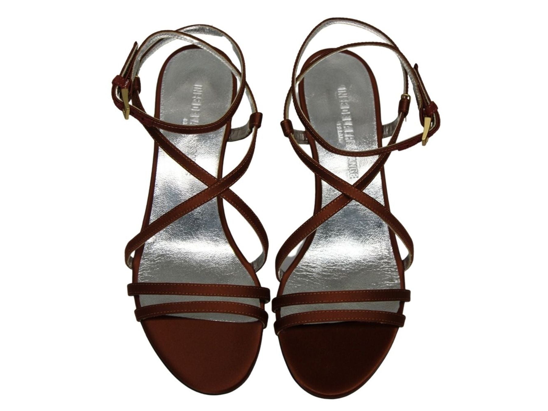 Heeled sandals, tobacco satin straps