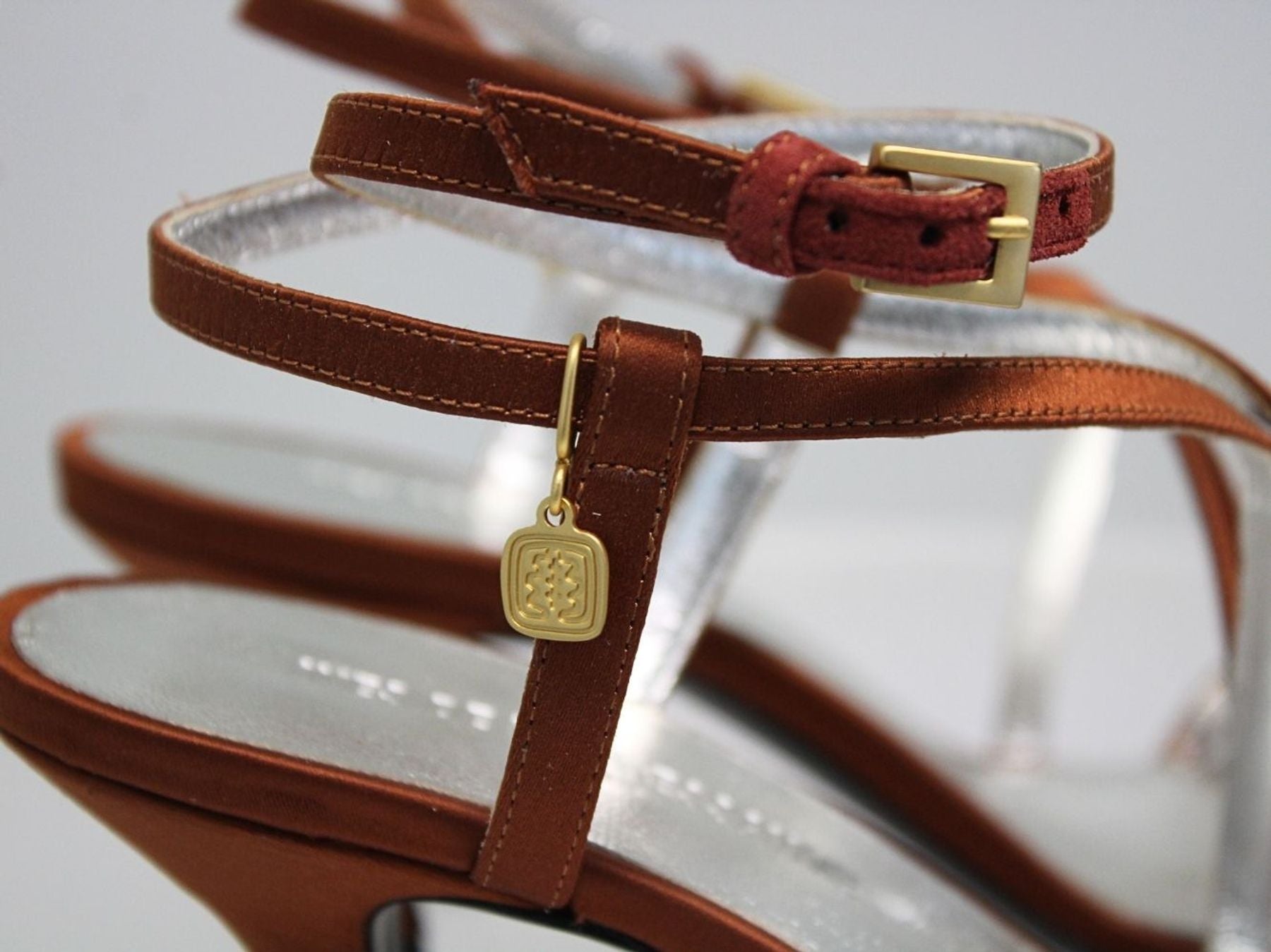 Heeled sandals, tobacco satin straps